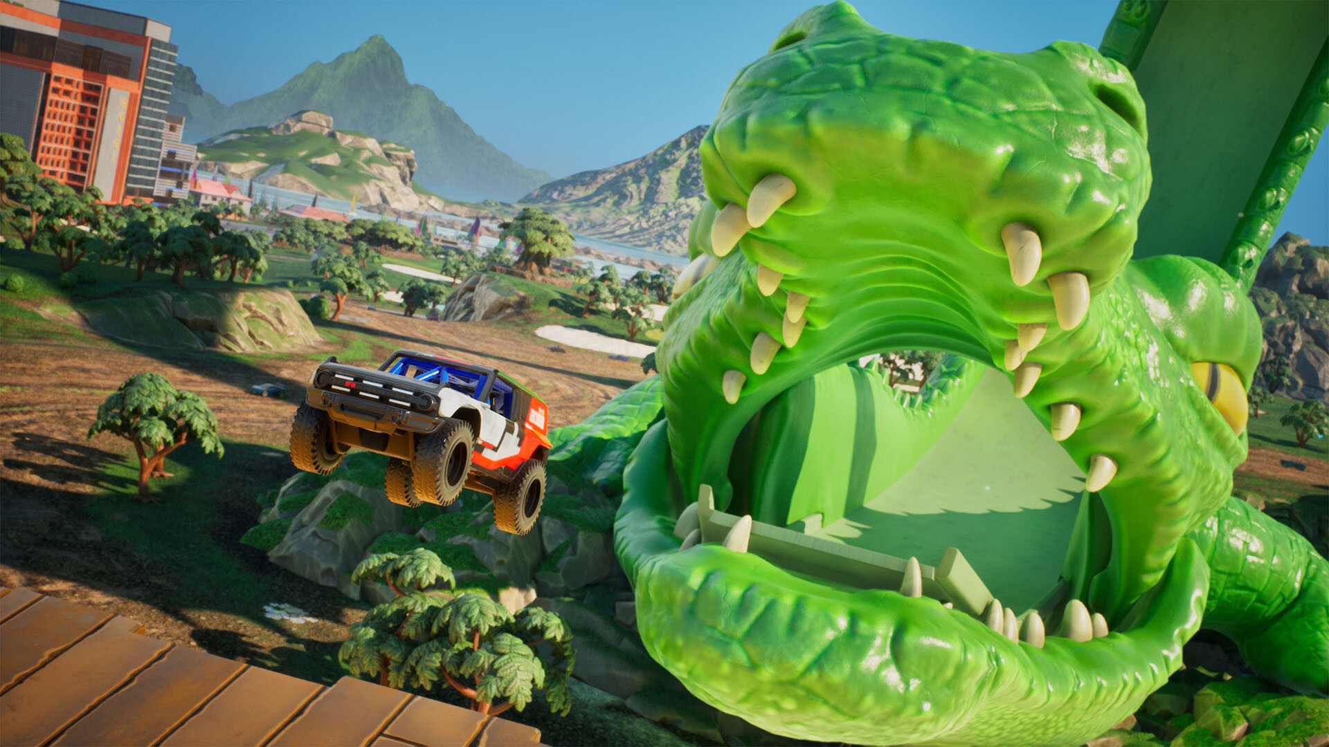 Hot Wheels Infinite Rush screenshot: an off-road truck next to a giant toy crocodile