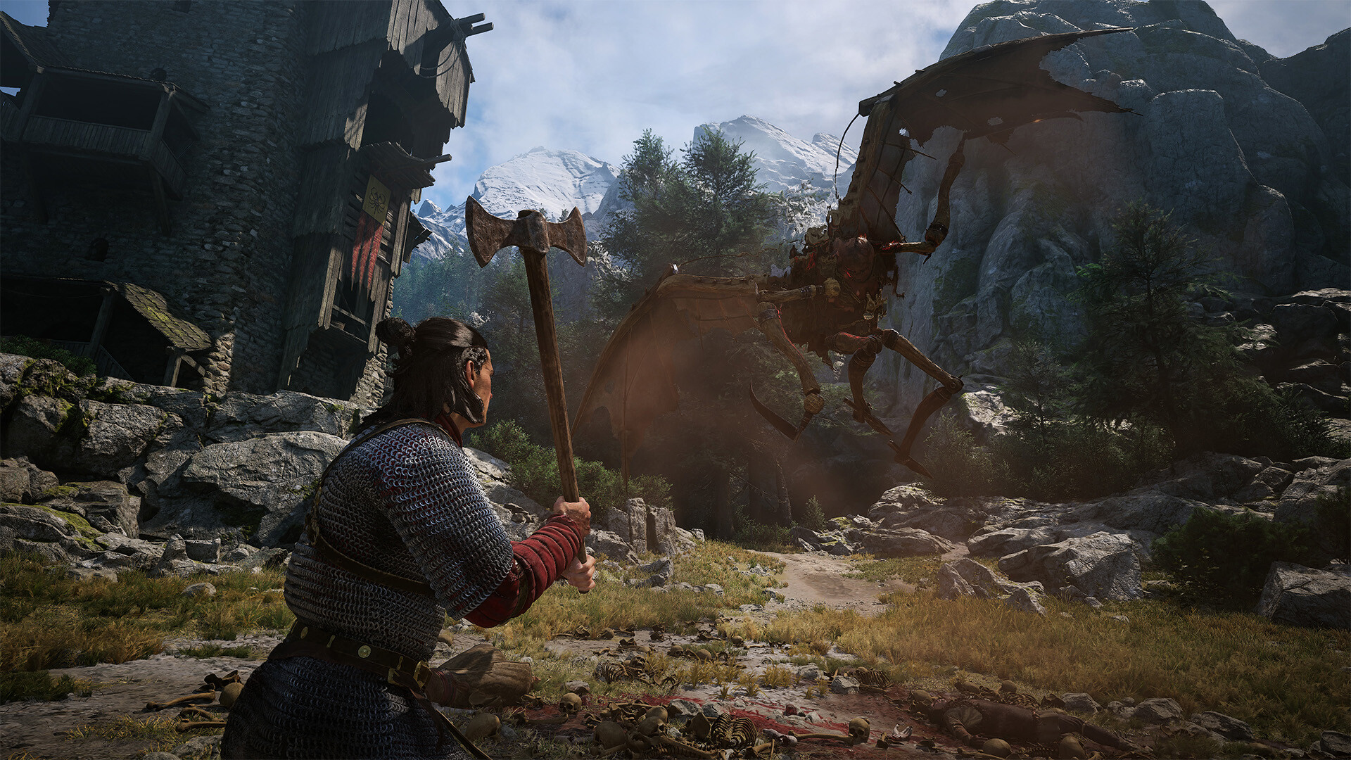 The Blood of Dawnwalker screenshot: Coen facing a monster in a village by day