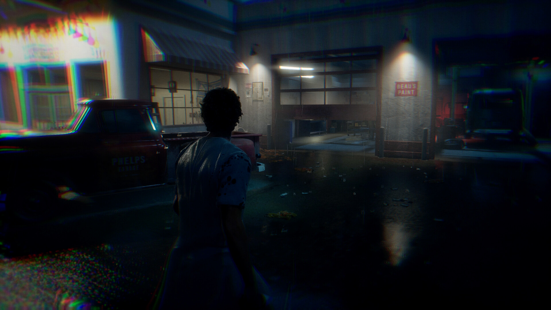 Halloween: The Game screenshot: a civilian crossing a rainy Haddonfield street at night