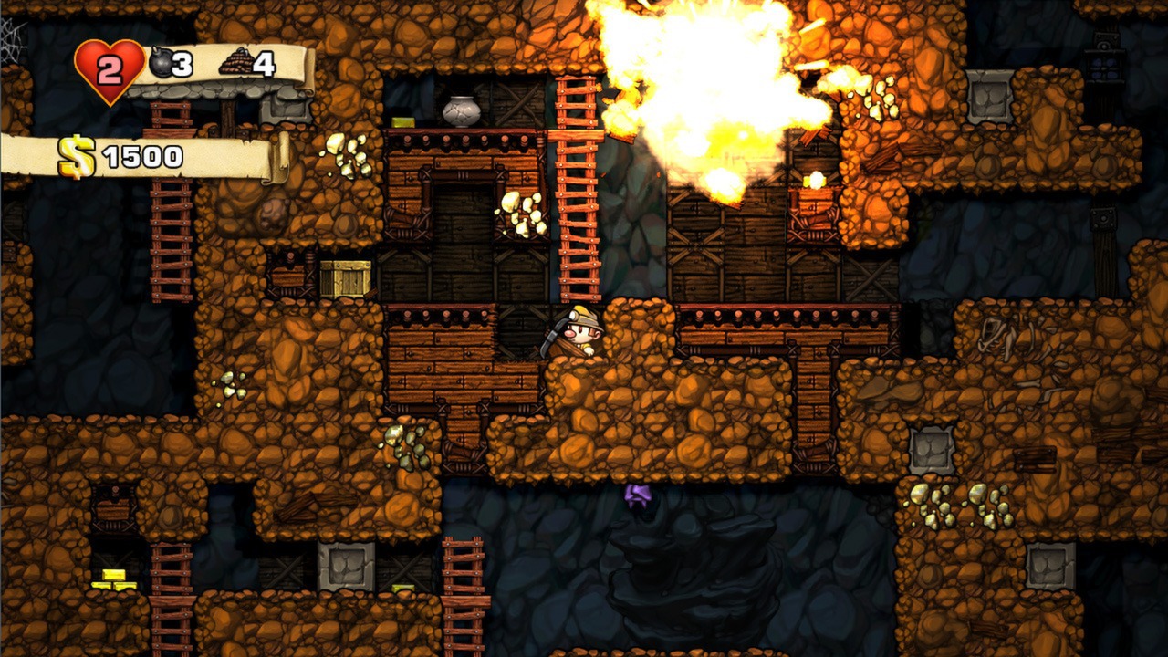 Spelunky screenshot: exploring a randomly generated cave full of traps and treasure