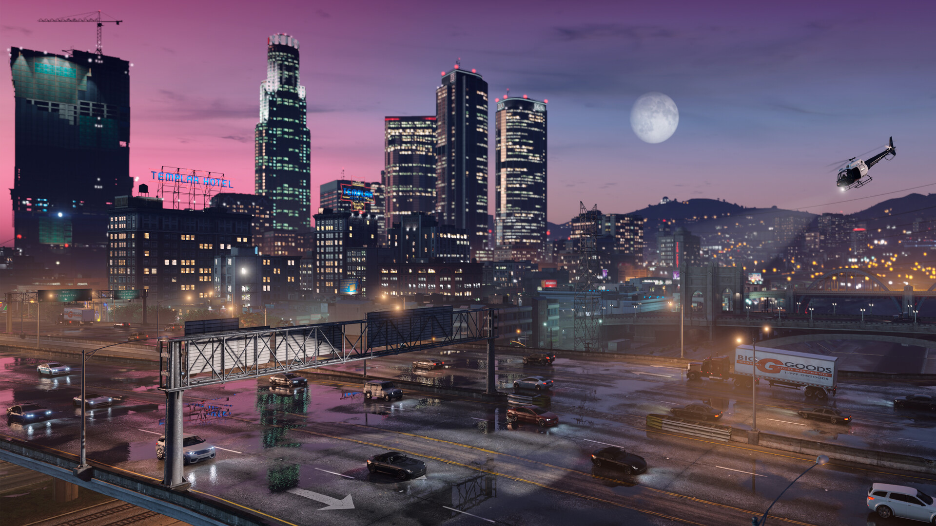 Grand Theft Auto V Enhanced screenshot: the Los Santos skyline at dusk, the current PC version of Rockstar's last GTA