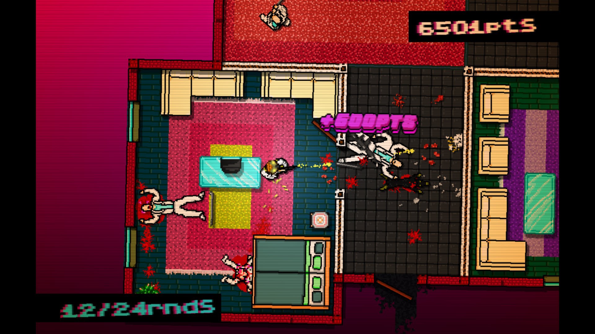 Hotline Miami screenshot: neon top-down violence in 1989 Miami