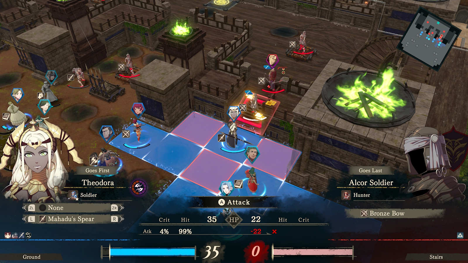 Fire Emblem: Fortune's Weave screenshot: Theodora lining up an attack on a grid battle map
