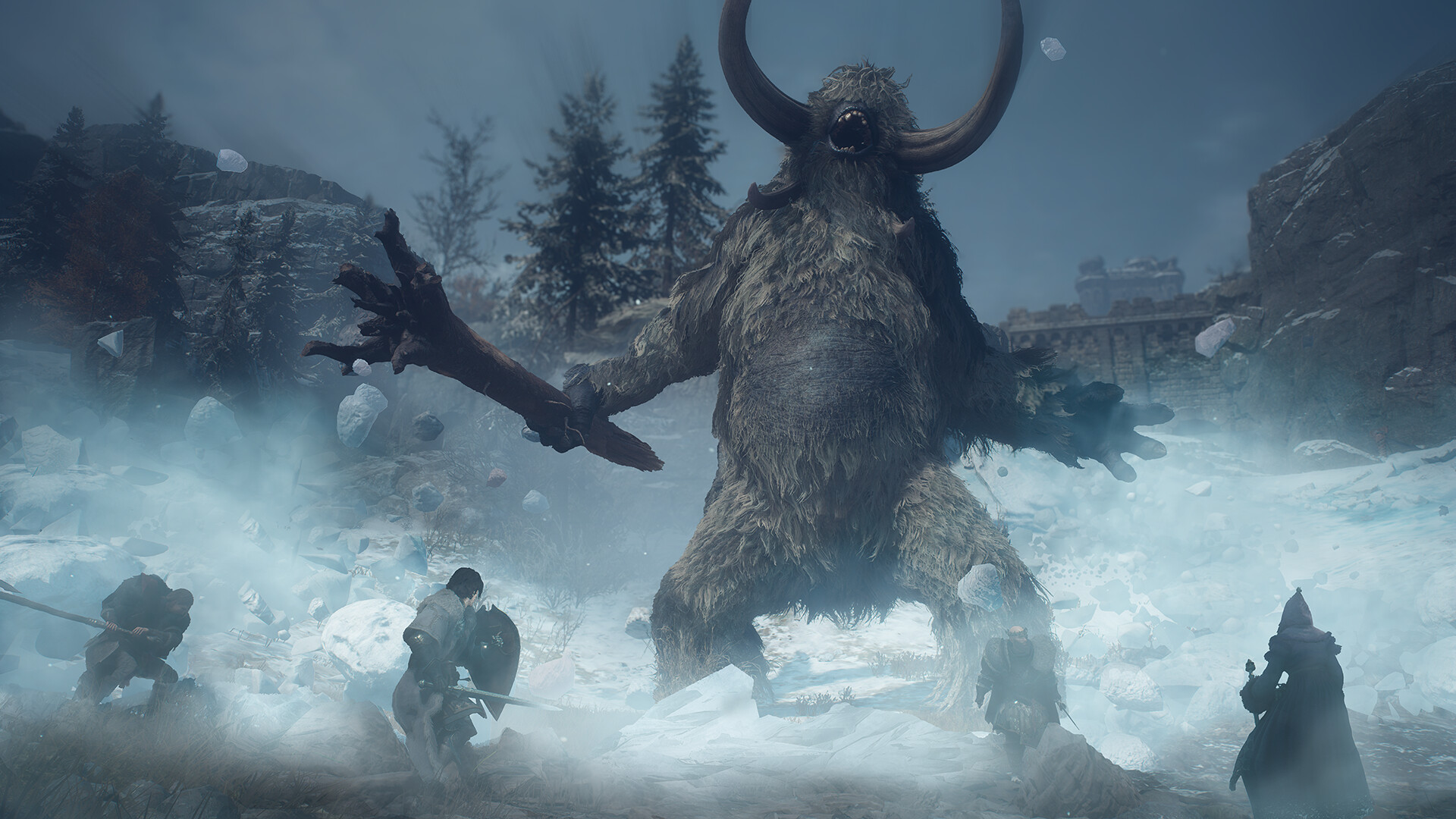 Dragon's Dogma 2: Dark Arisen screenshot: a giant horned beast in a Norgan blizzard