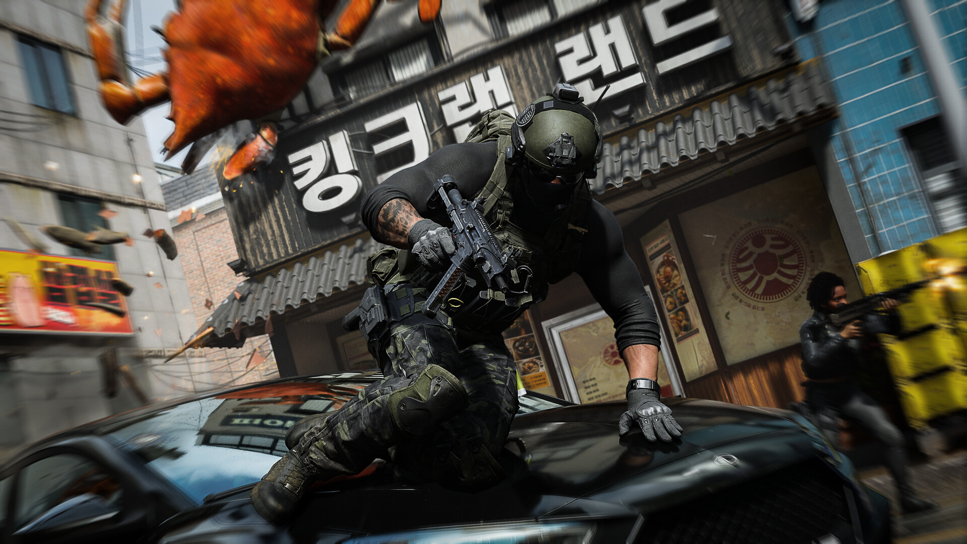 Call of Duty: Modern Warfare 4 screenshot: a soldier vaults a car on a Korean street during the invasion