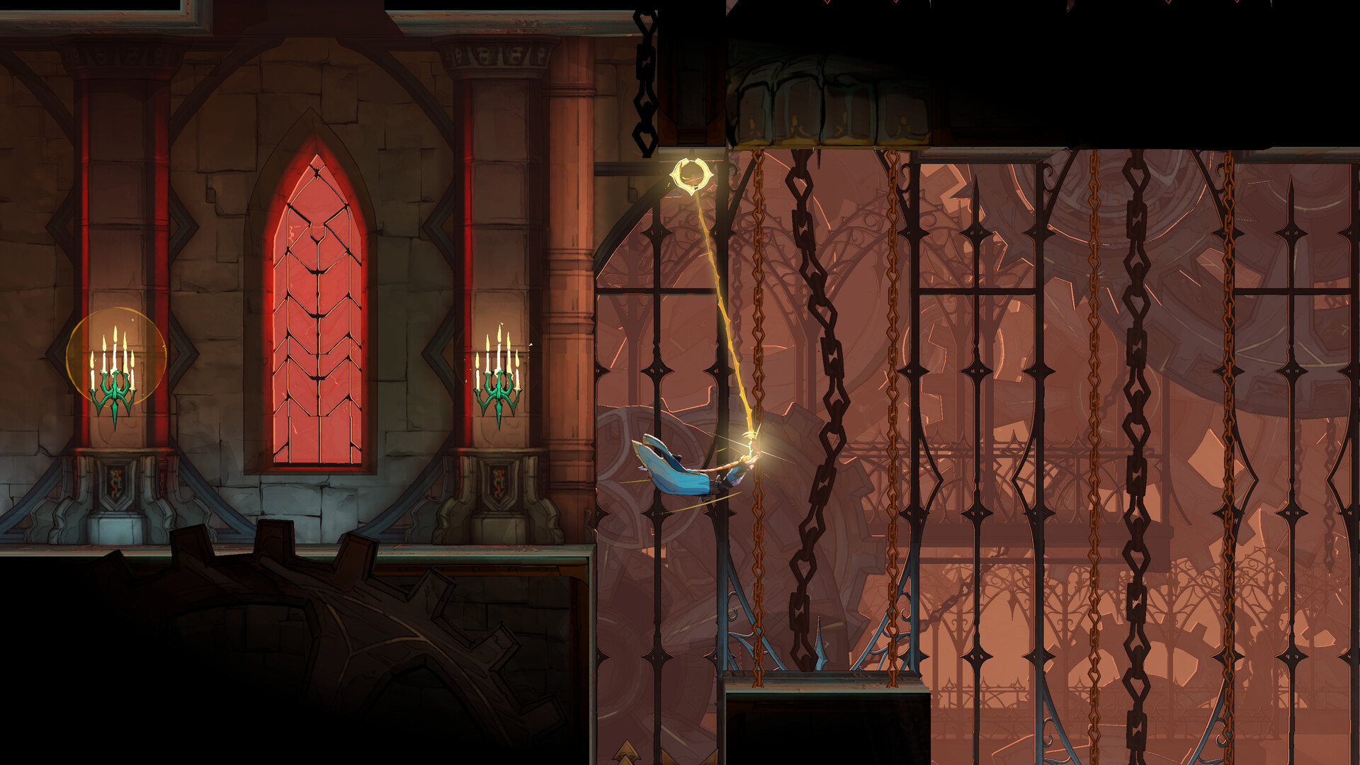 Castlevania: Belmont's Curse screenshot: Rose swings on the whip through the castle