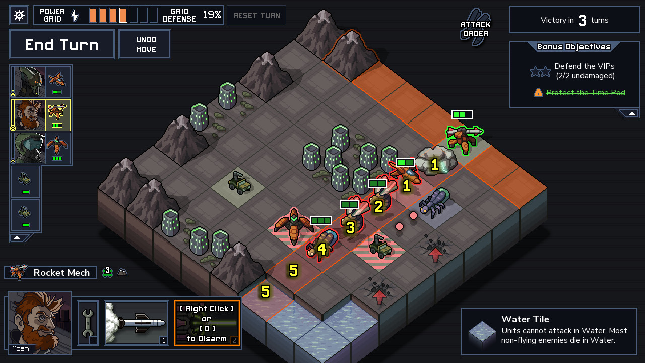 Into the Breach screenshot: mechs on a grid with enemy attacks telegraphed by numbered markers