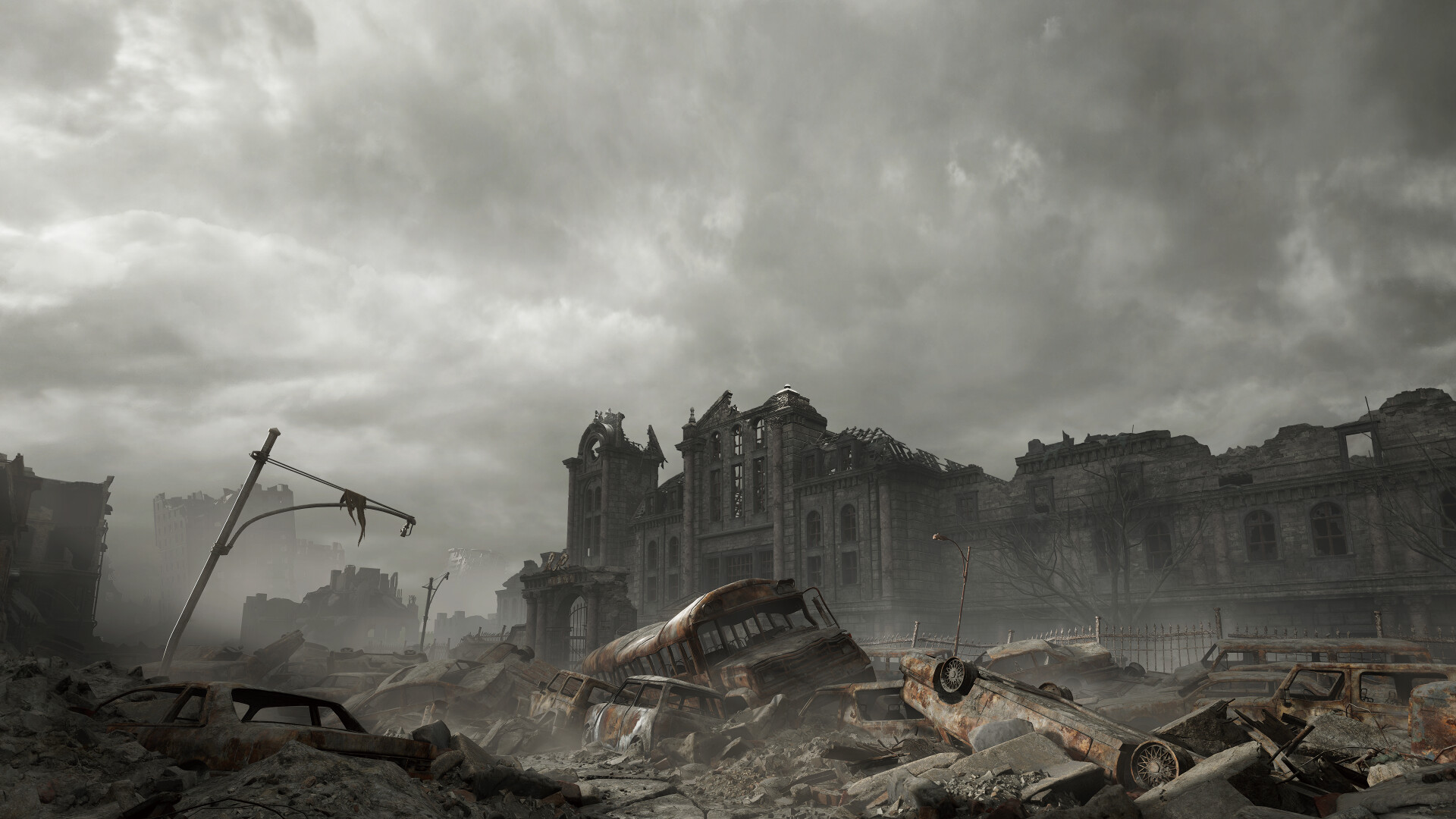 Resident Evil Requiem screenshot: the ruins of Raccoon City under a grey sky