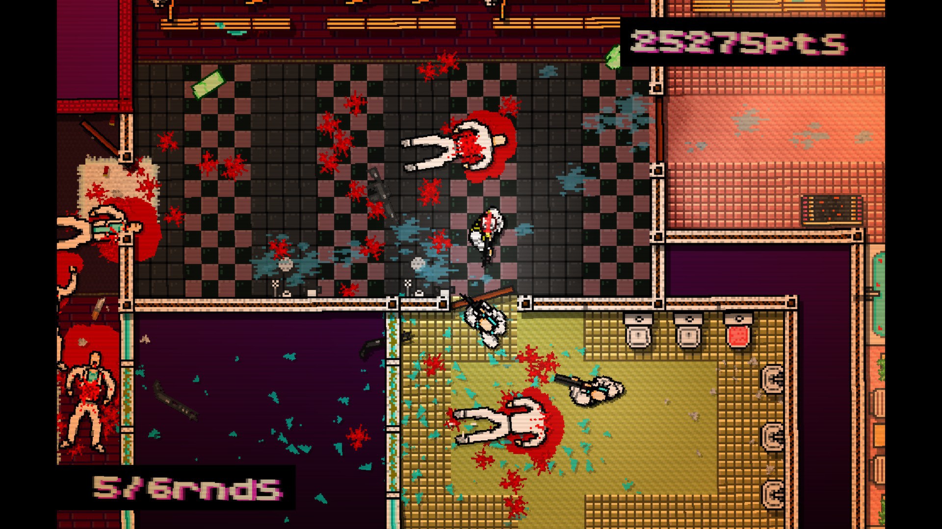 Hotline Miami screenshot: a top-down room on a checkerboard floor after a bloody fight