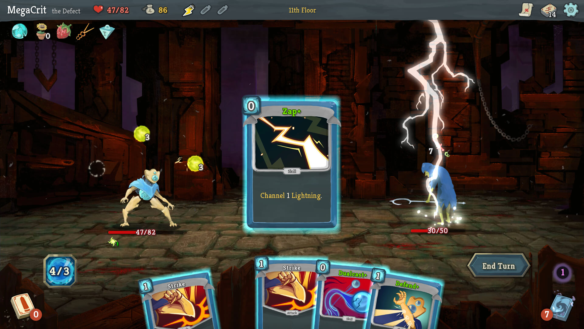 Slay the Spire screenshot: the Defect channelling lightning in a card battle