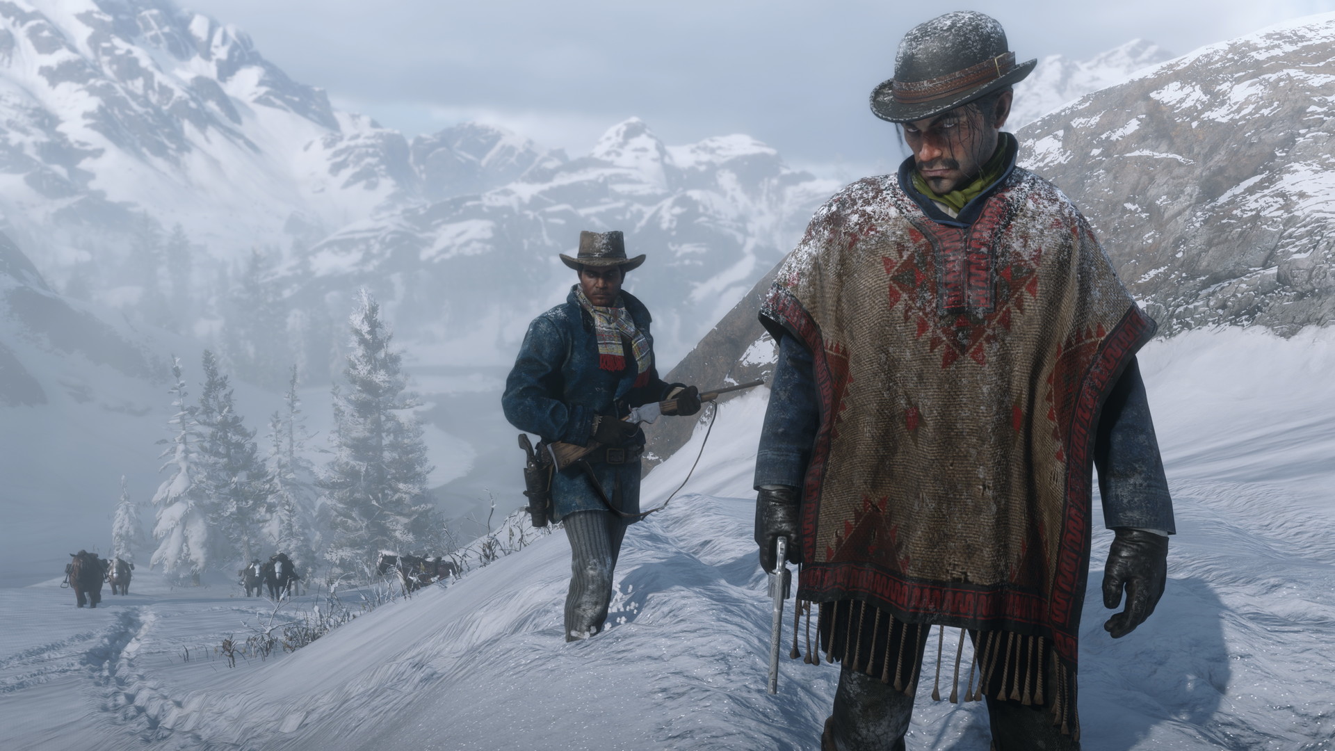 Red Dead Redemption 2 screenshot: members of the gang trudging through deep snow in the mountains