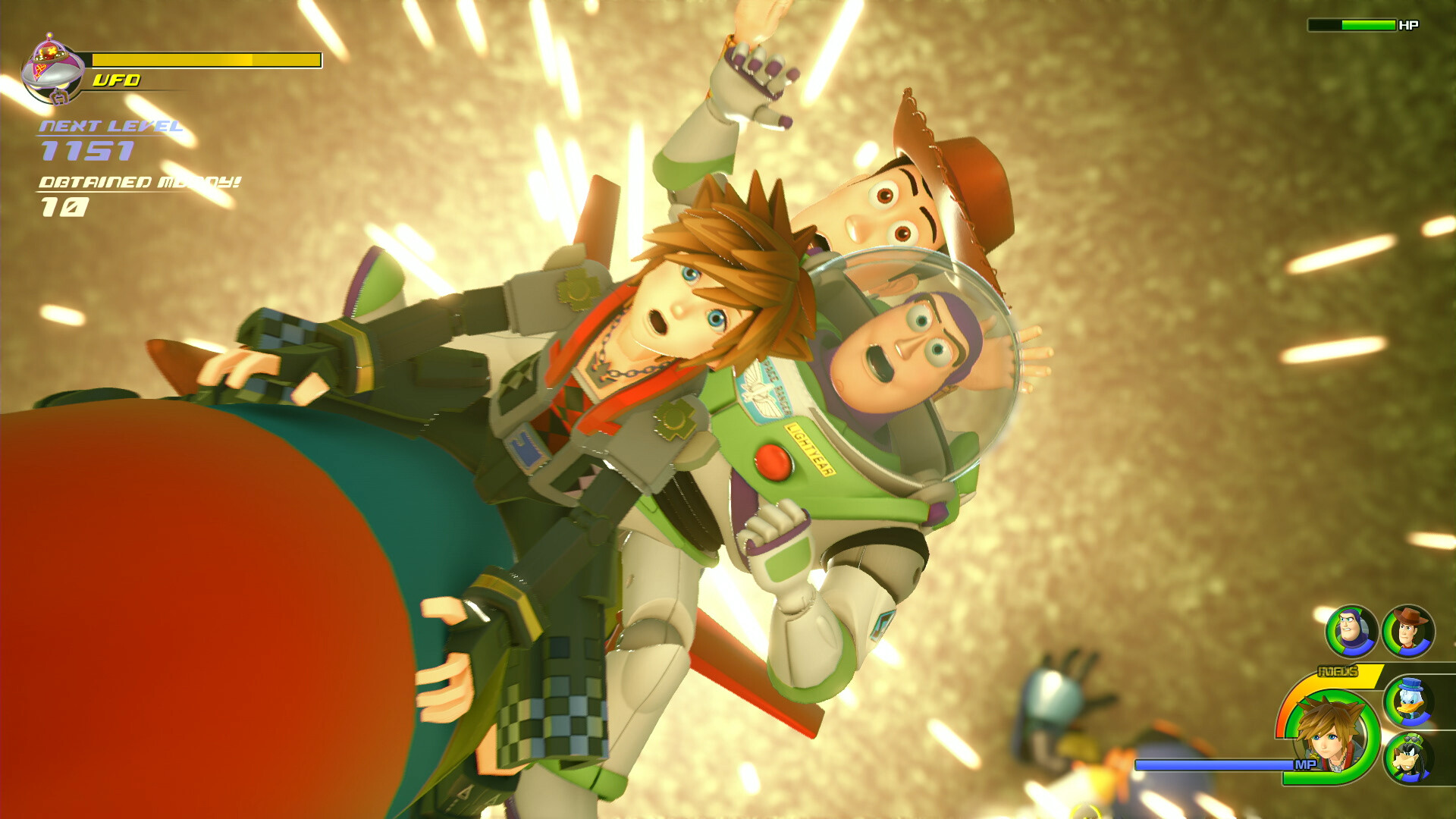 Kingdom Hearts III screenshot: Sora with Woody and Buzz in the Toy Box world