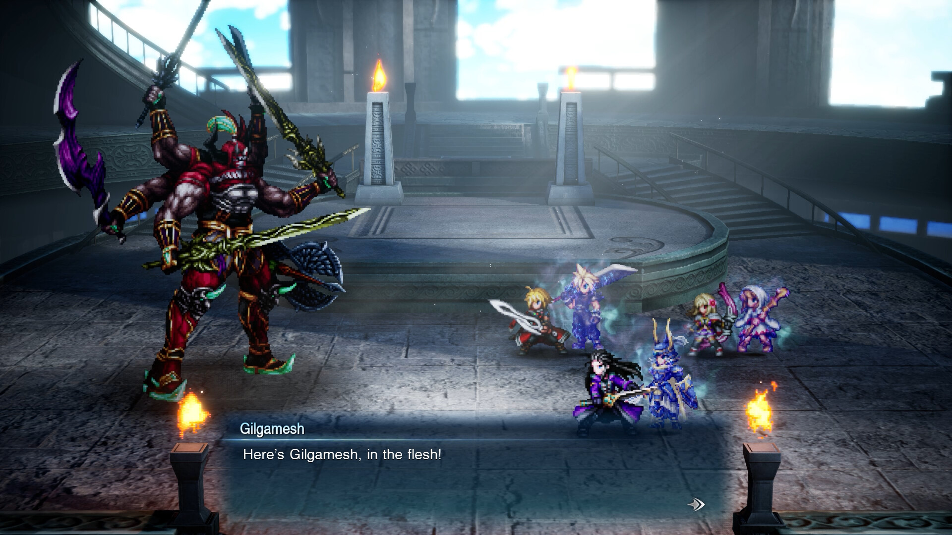 Final Fantasy Resonance screenshot: the party faces Gilgamesh in a stone arena