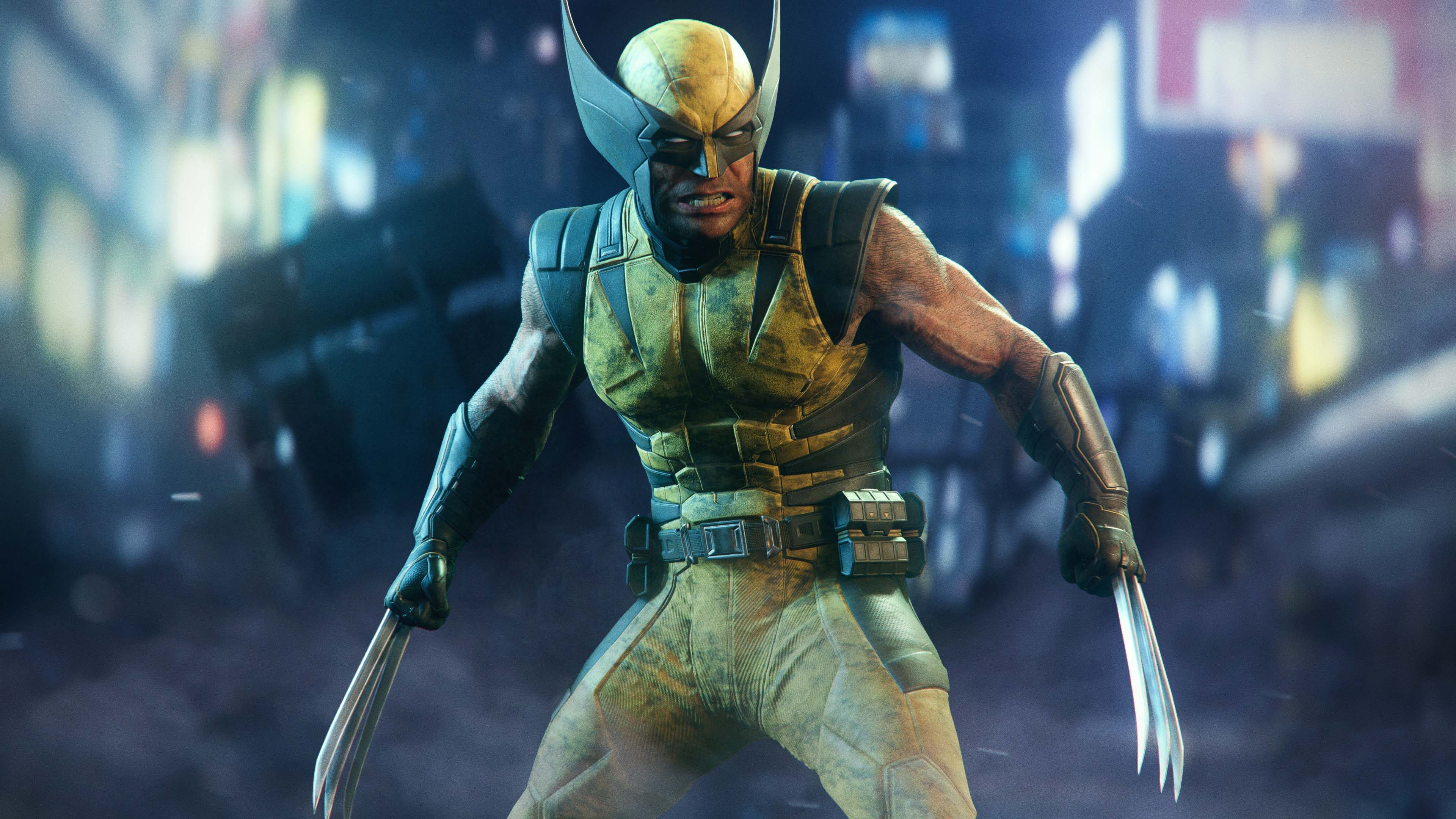 Marvel's Wolverine screenshot: Logan with claws out on a neon-lit street at night