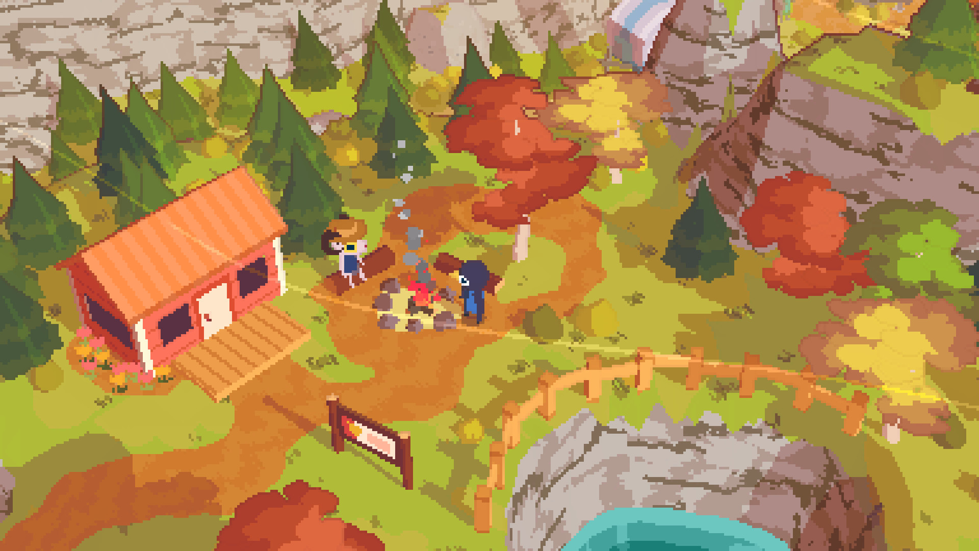 A Short Hike screenshot: a small cabin among autumn trees on a mountainside, a game most players finish in an afternoon