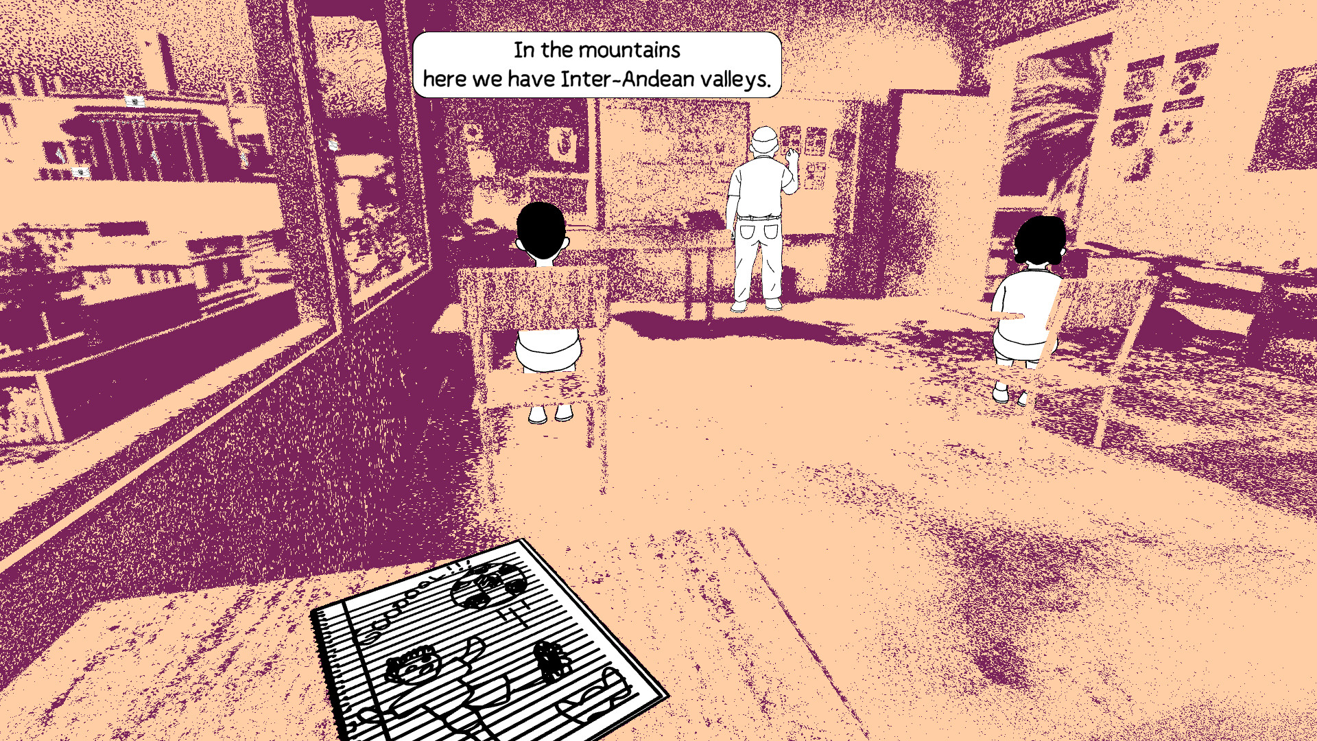 Despelote screenshot: a classroom lesson in Quito, drawn in two-tone purple and peach