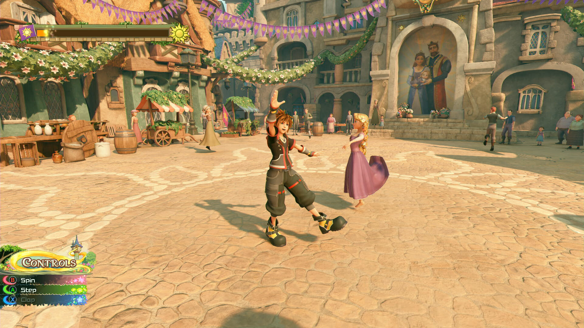 Kingdom Hearts III, included in the Collection: Sora and Rapunzel in a town square