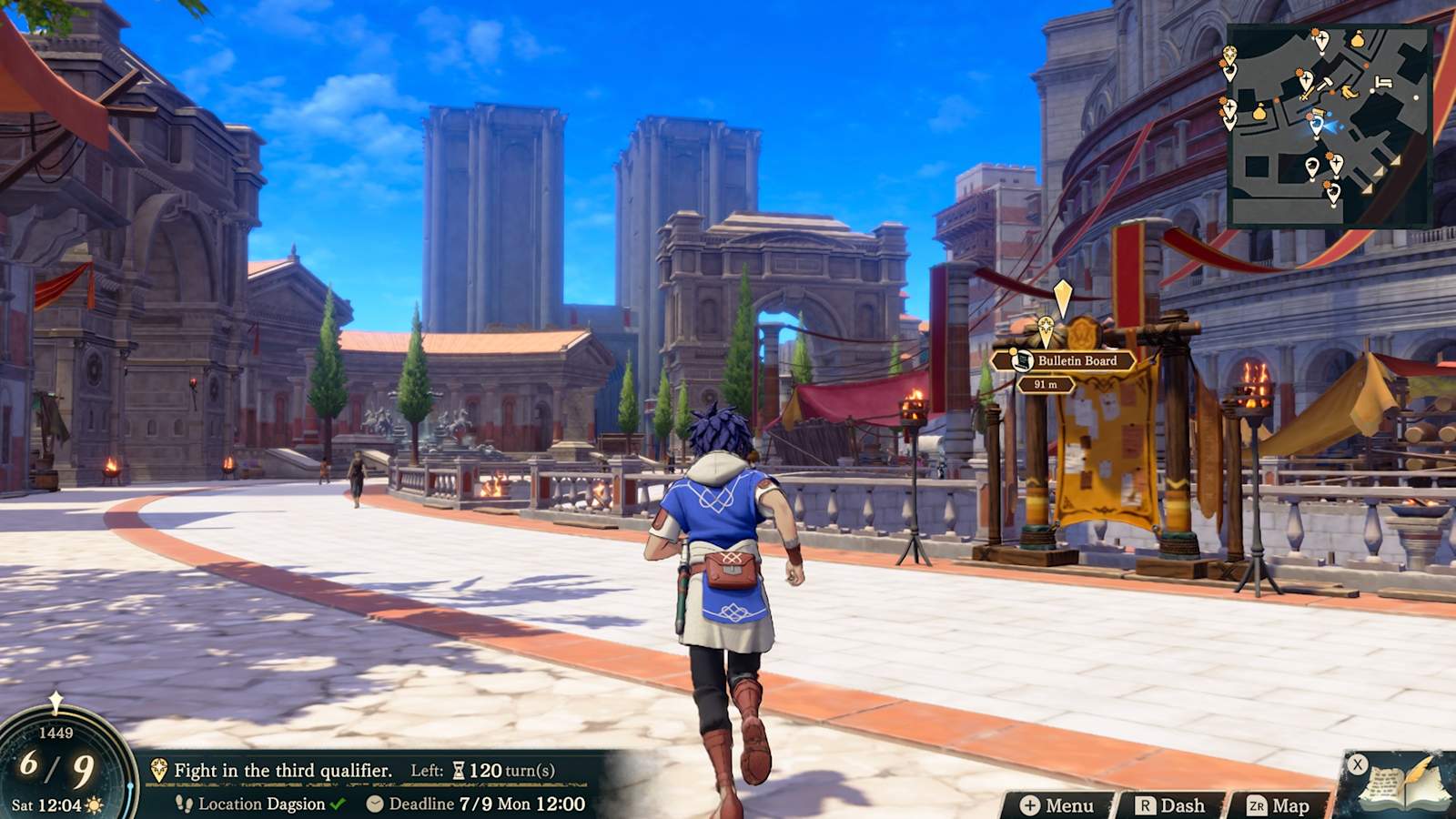 Fire Emblem: Fortune's Weave screenshot: exploring the hub city of Dagsion between battles