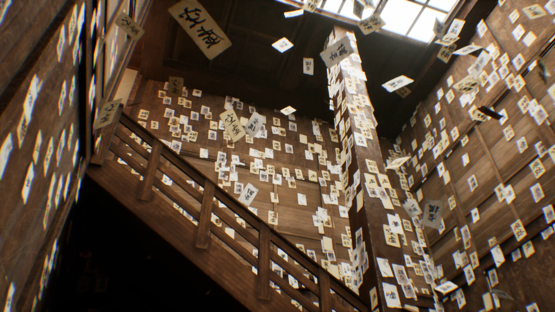 BrokenLore: DON'T LIE screenshot: a stairwell covered in paper notes