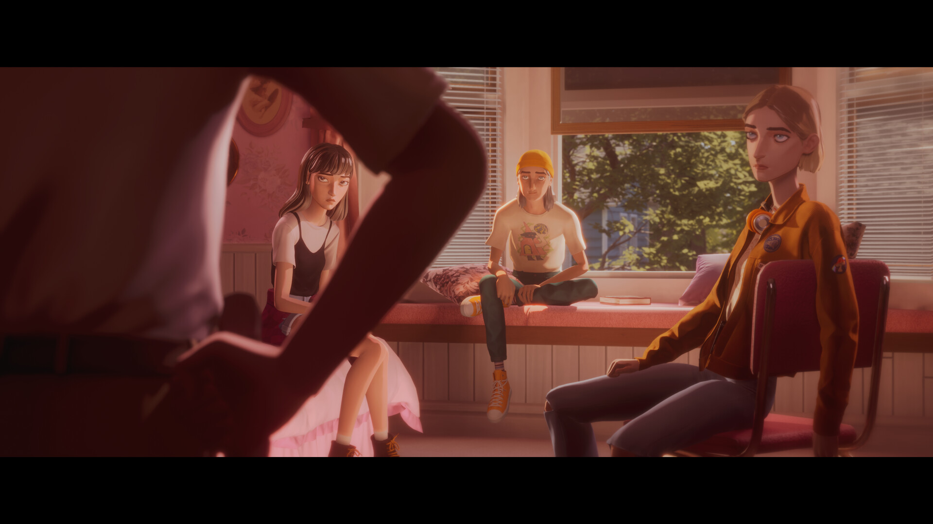 Mixtape screenshot: Stacey, Van and Cassandra hanging out in a sunlit bedroom