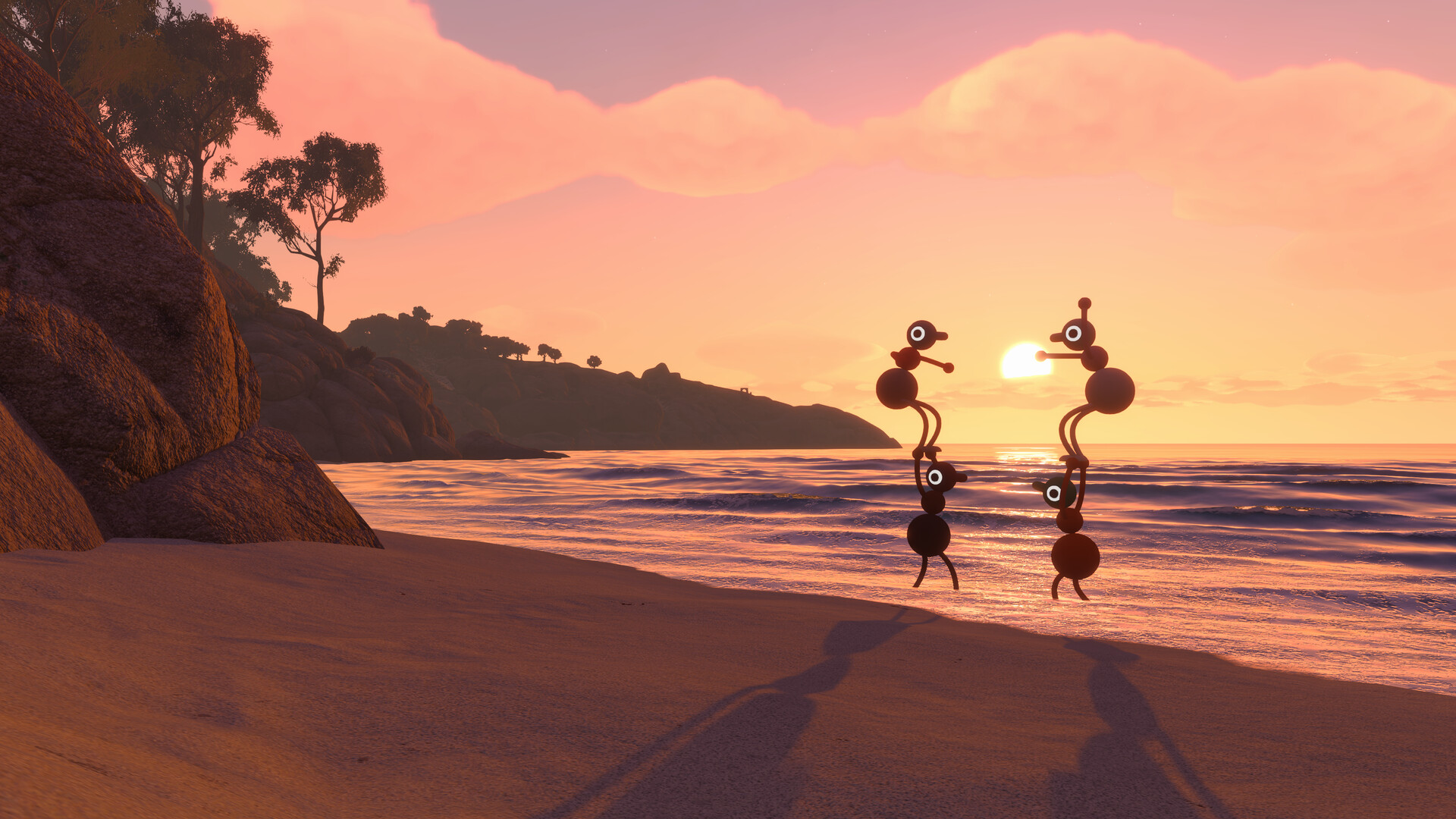 Big Walk screenshot: two friends' characters on a beach at sunset, a co-op game to play with long-distance friends