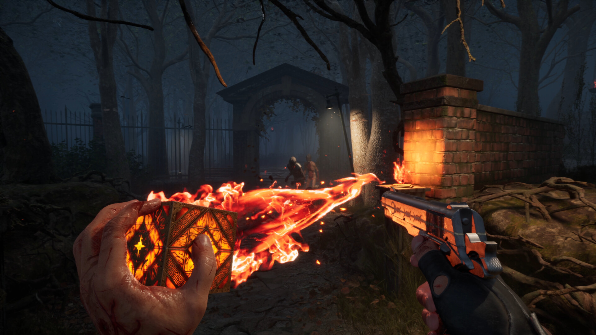 Clive Barker's Hellraiser: Revival screenshot: the Genesis Configuration hurls fire across a graveyard