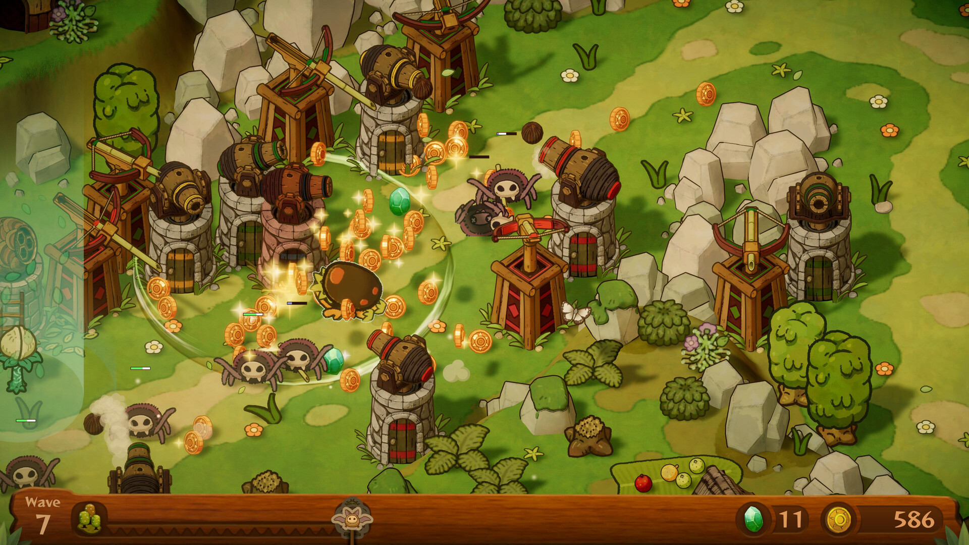 PixelJunk Monsters 3 screenshot: towers defending a forest path from waves of monsters