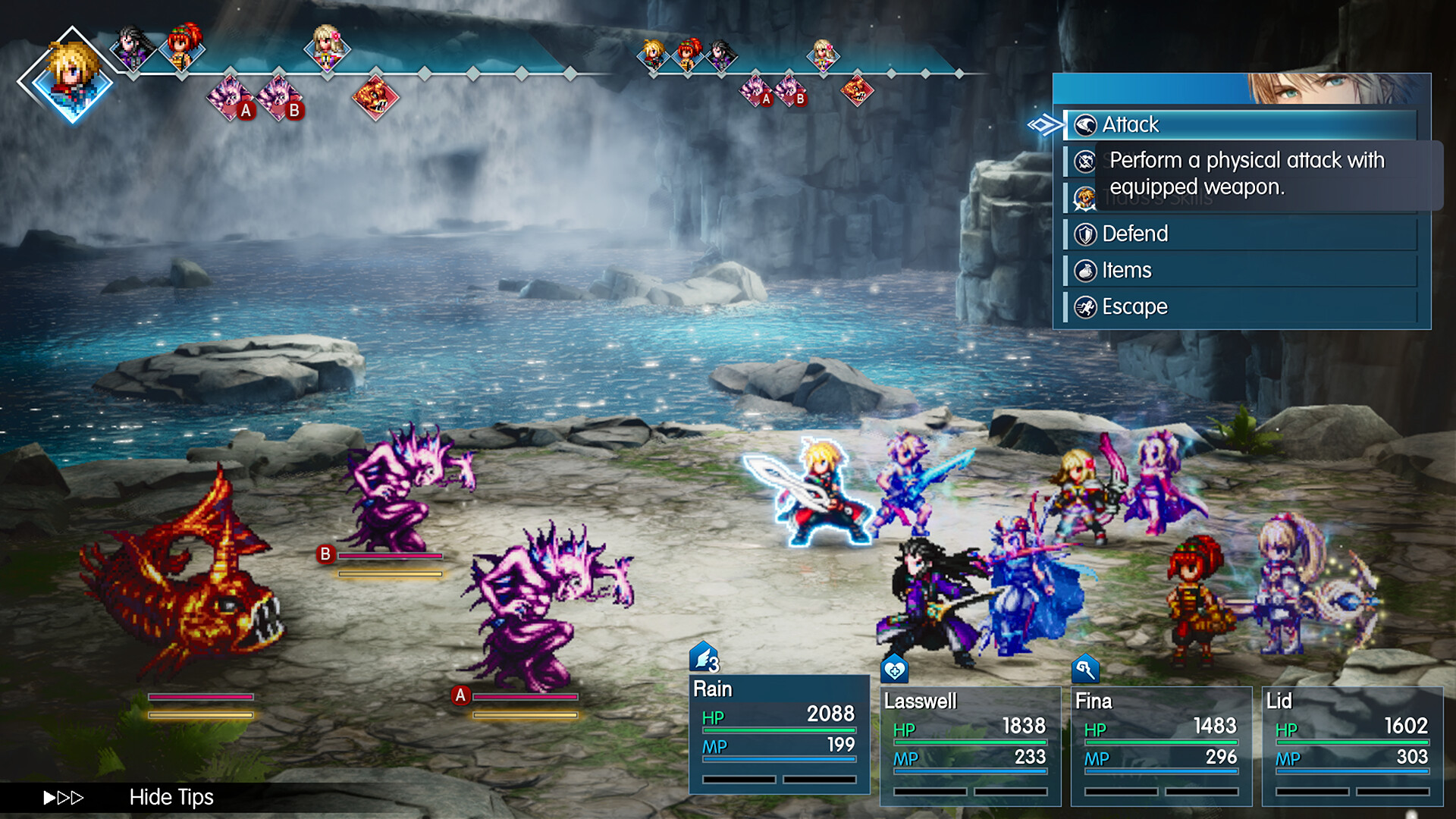 Final Fantasy Resonance screenshot: a turn-based battle with Rain, Lasswell, Fina and Lid