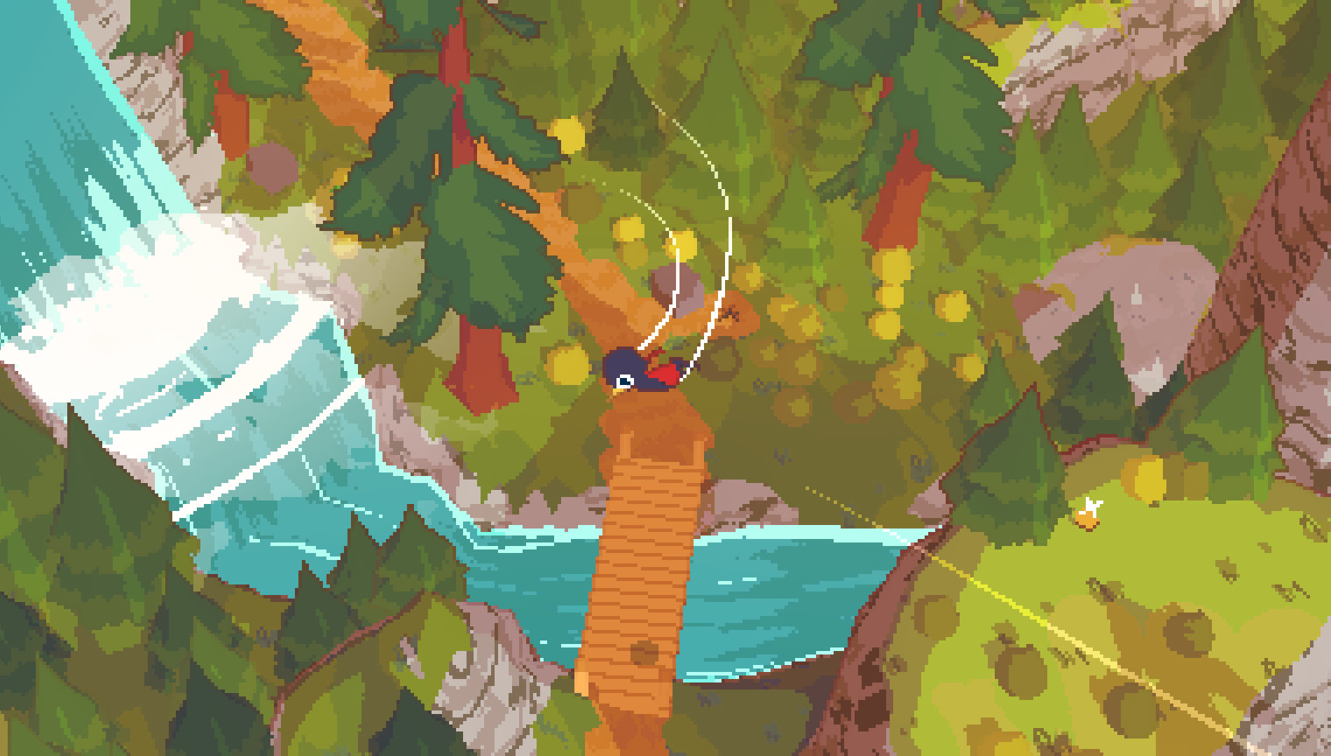 A Short Hike screenshot, one of the best short games to finish in a weekend: Claire gliding over a waterfall and a wooden bridge on Hawk Peak