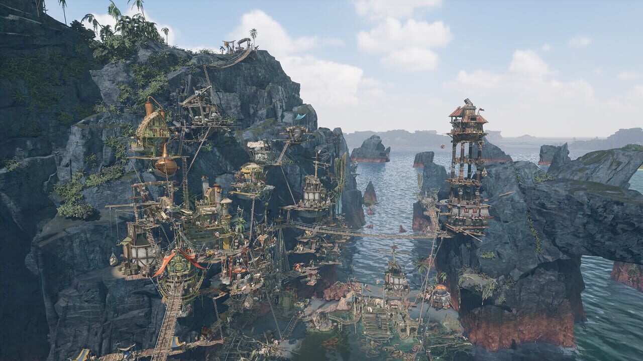 Rope bridges and cliffside buildings tie the pirate settlement together.