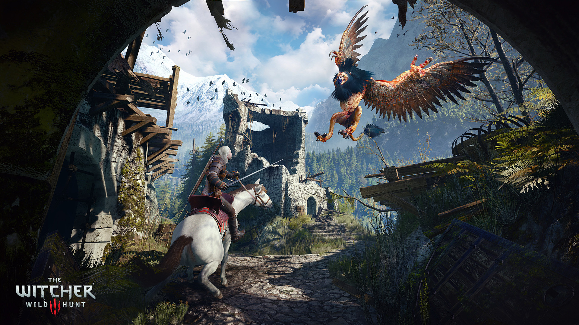 The Witcher 3: Wild Hunt screenshot: Geralt on horseback fighting a griffin, a game only 22% of Steam players finish