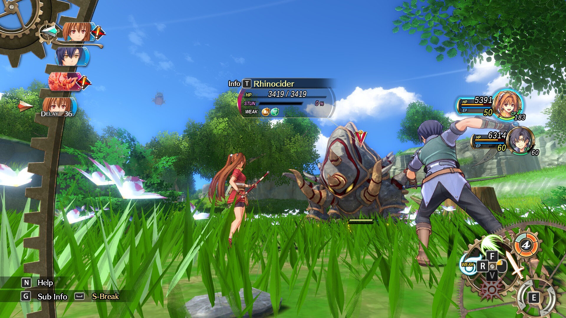 Trails in the Sky 1st Chapter screenshot: field combat against a Rhinocider in the Liberl countryside
