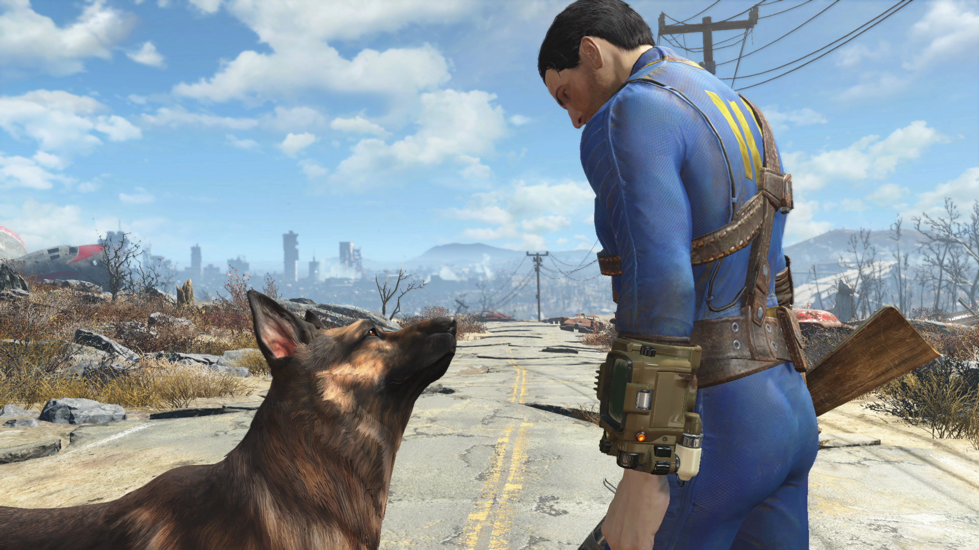 Fallout 4 screenshot: the Sole Survivor and Dogmeat on a ruined road, one of the games FPS Boost takes from 30fps to nearly 60 on Xbox Series X/S