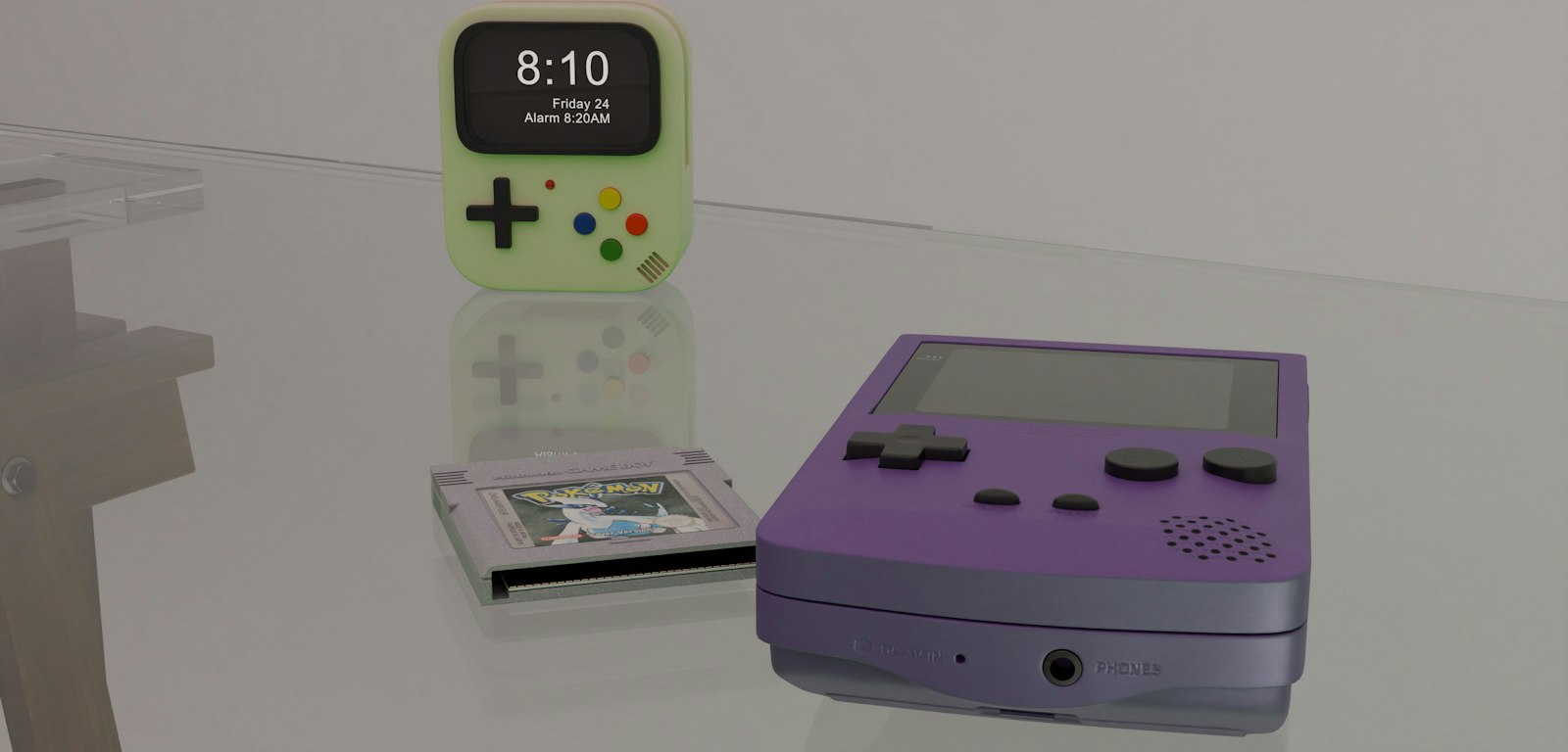 A purple Game Boy Color and a cartridge on a glass shelf, the kind of comfort game people replay every year