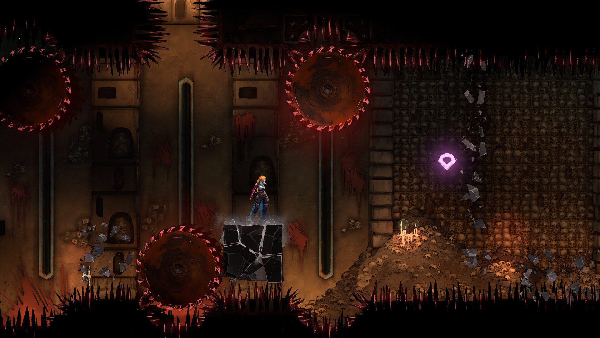 Castlevania: Belmont's Curse screenshot: Rose on a crumbling block between spinning saw blades in the catacombs