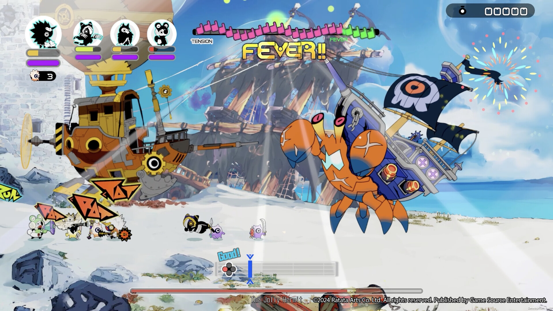 Ratatan screenshot: a Fever combo against a giant crab boss on the beach