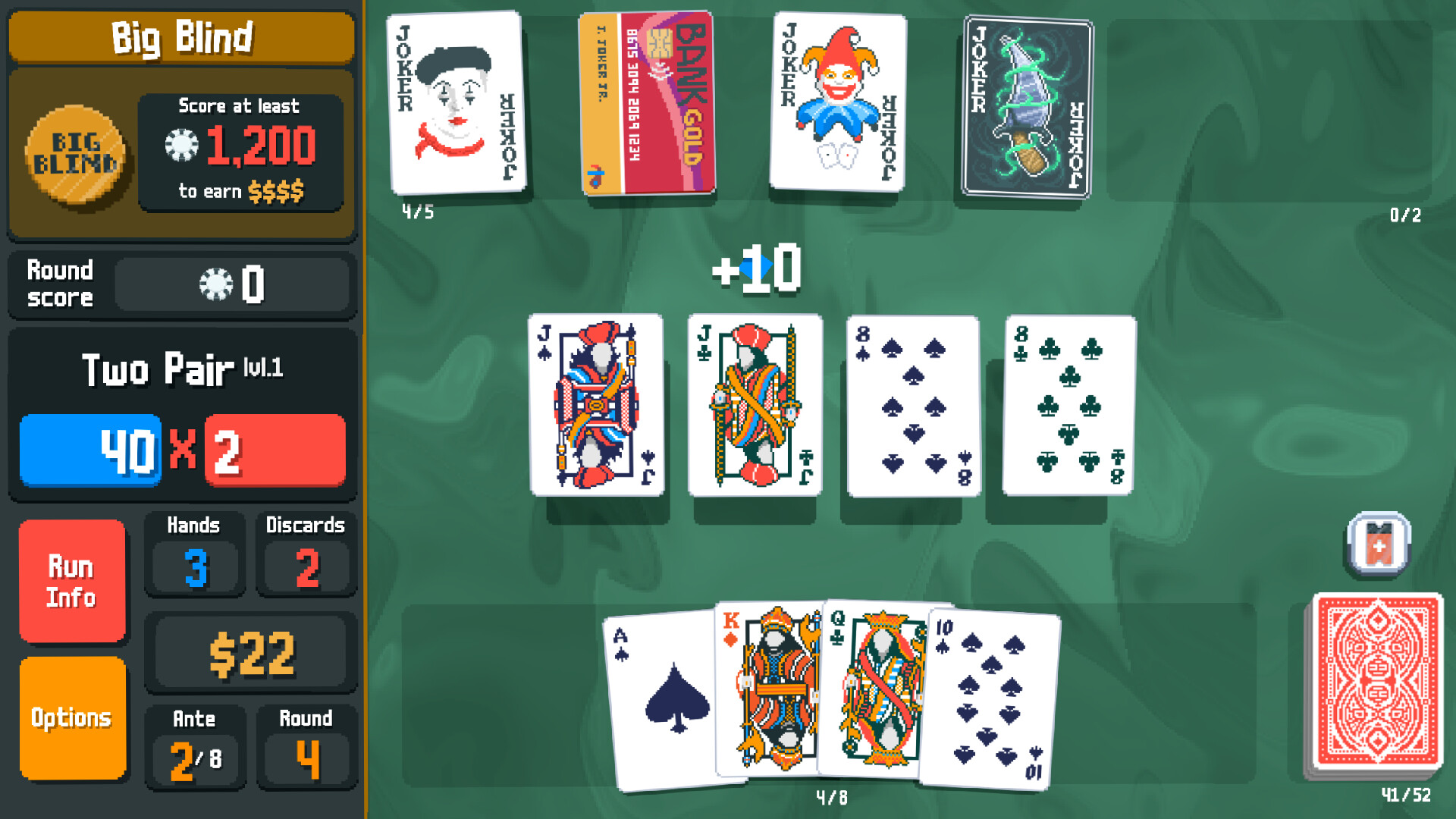 Balatro screenshot: a two pair hand building a score against the Big Blind