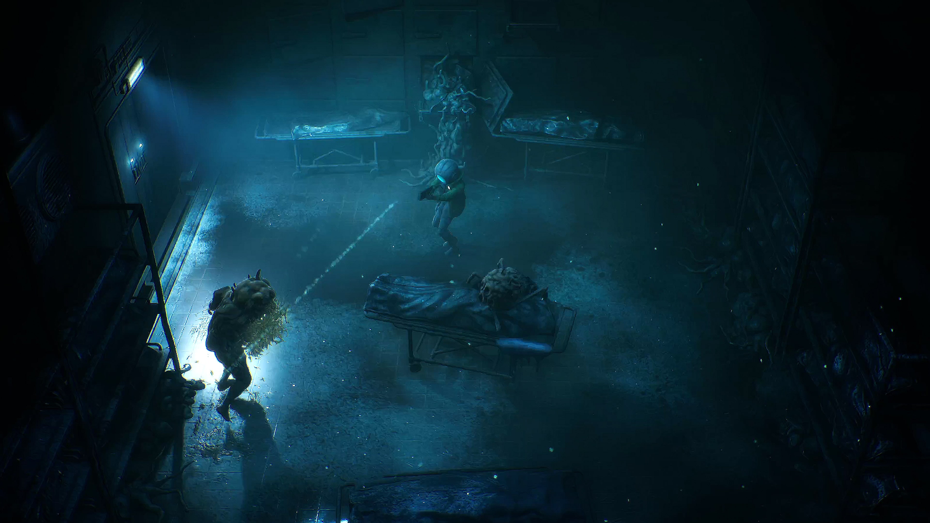End of Abyss screenshot: Cel aiming at a creature in a dark morgue