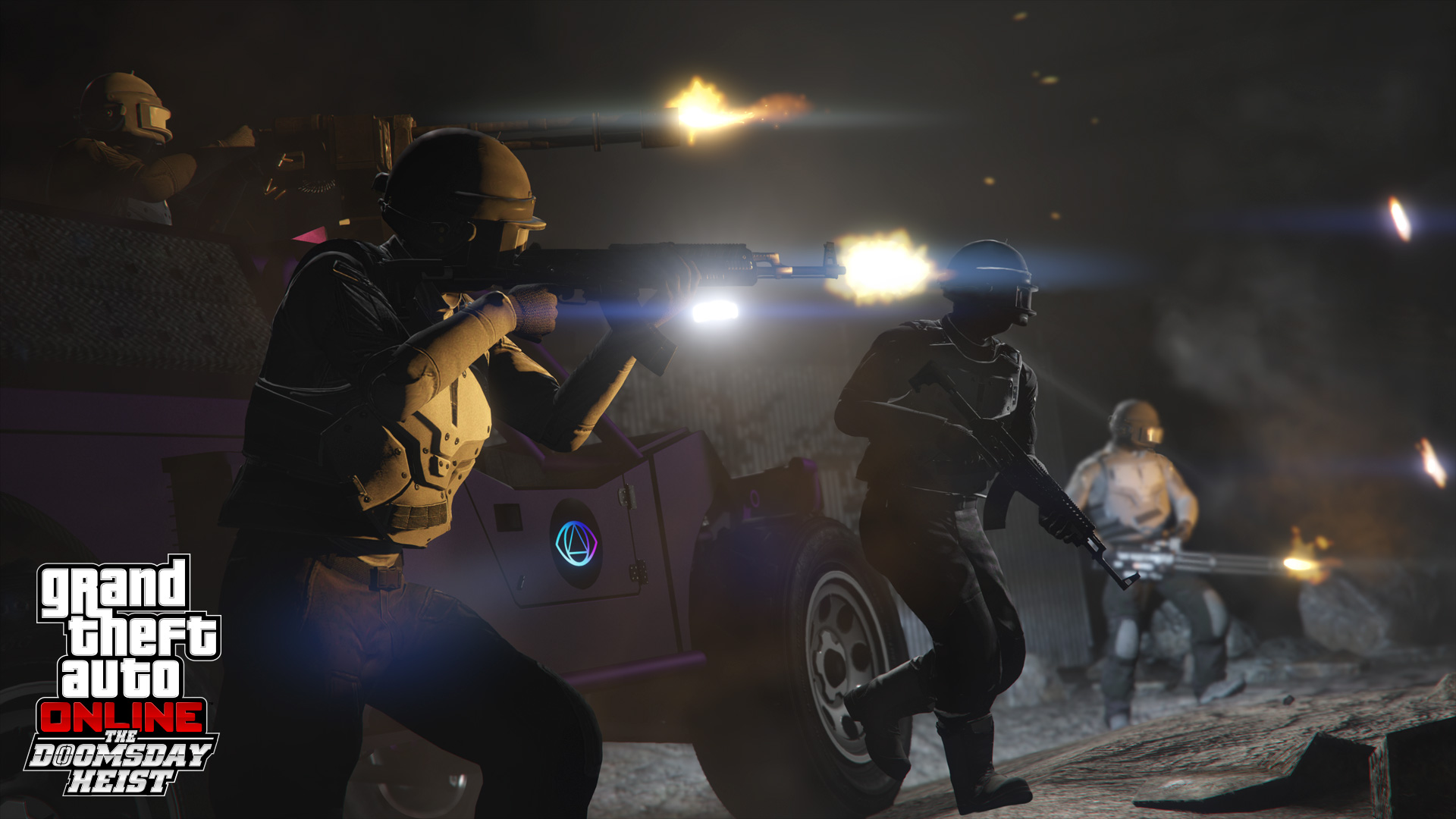 Grand Theft Auto V screenshot: a heist-style shootout