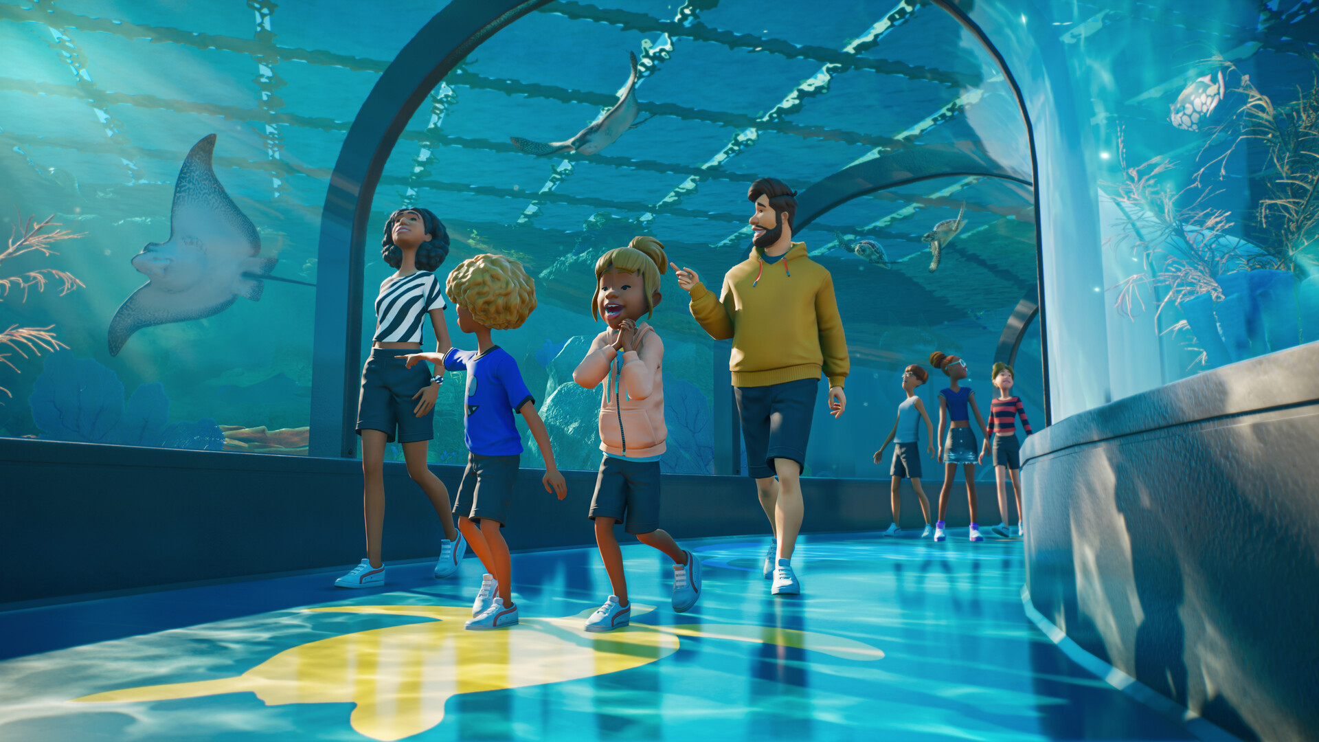 Planet Zoo 2 screenshot: visitors walking through a glass tunnel under an aquarium