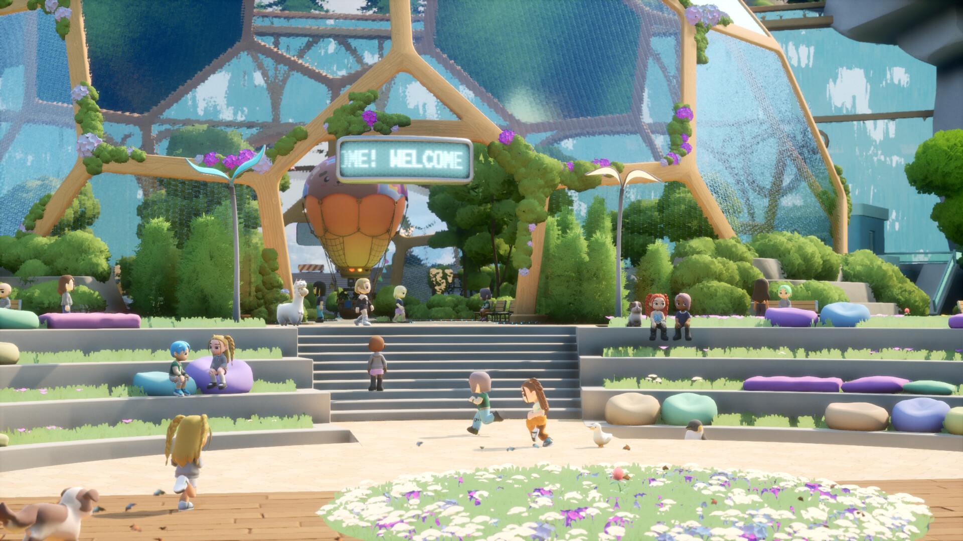 Loftia screenshot: players gathering in a sunny plaza under a glass dome