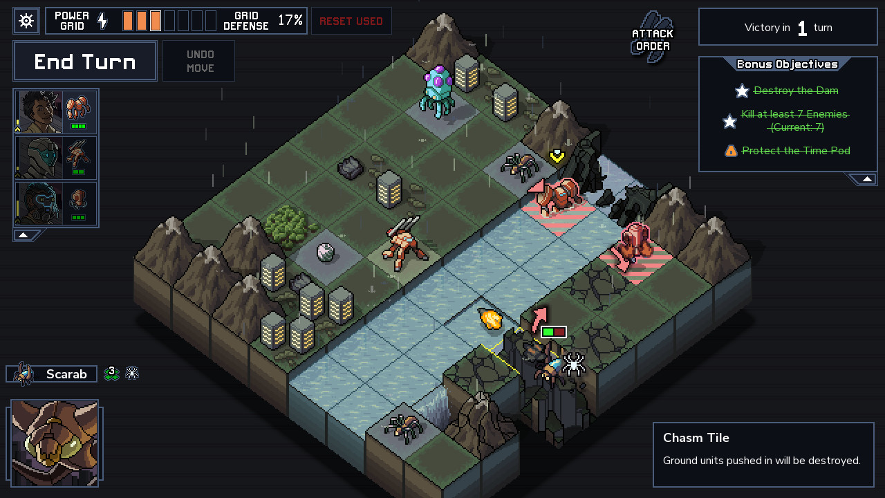 Into the Breach screenshot: a squad of mechs defending a city grid next to a chasm tile