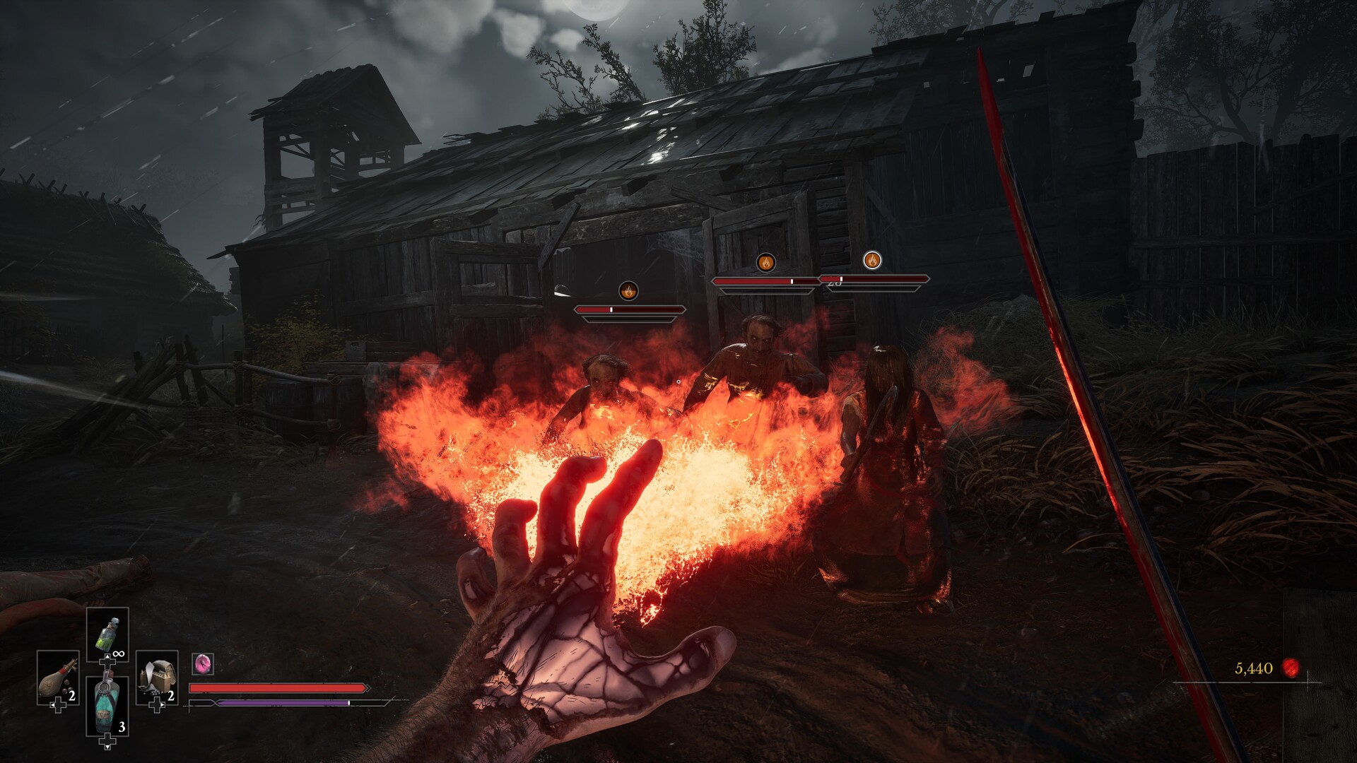 Valor Mortis screenshot: a fire transmutation burning in William's hand