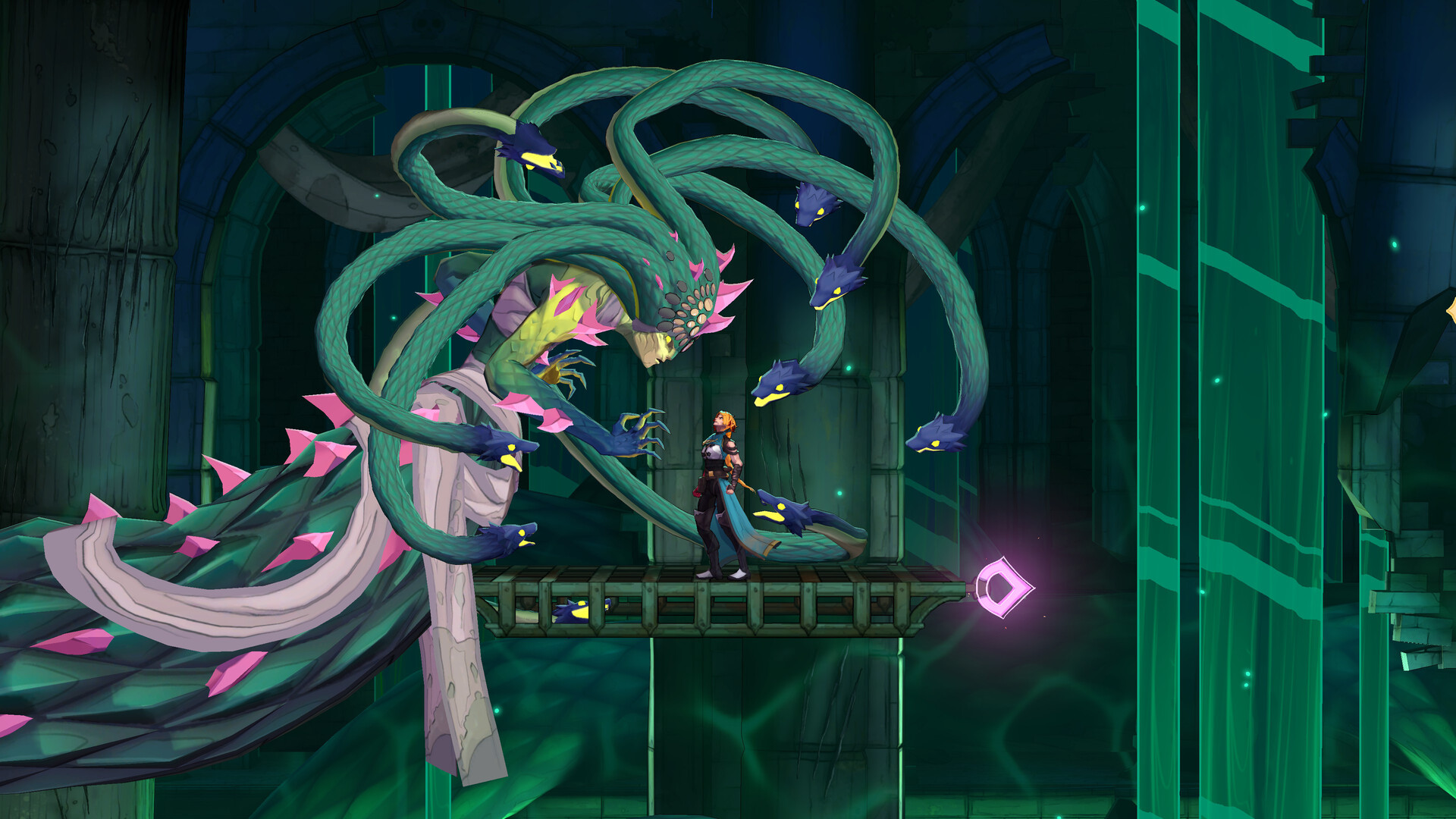 Castlevania: Belmont's Curse screenshot: Rose faces Medusa on a bridge inside the castle