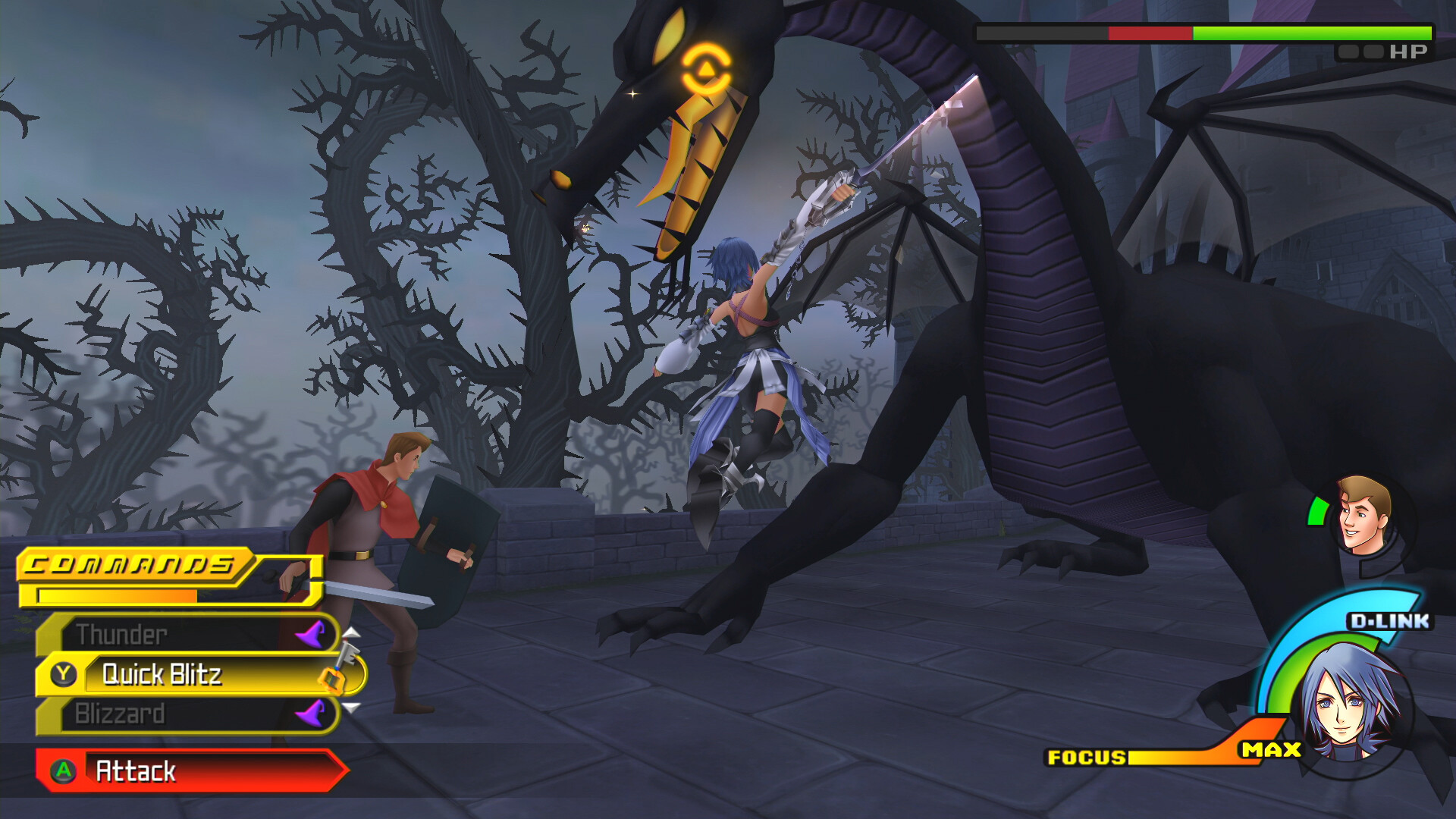 Birth by Sleep Final Mix screenshot: Aqua fighting Maleficent's dragon form
