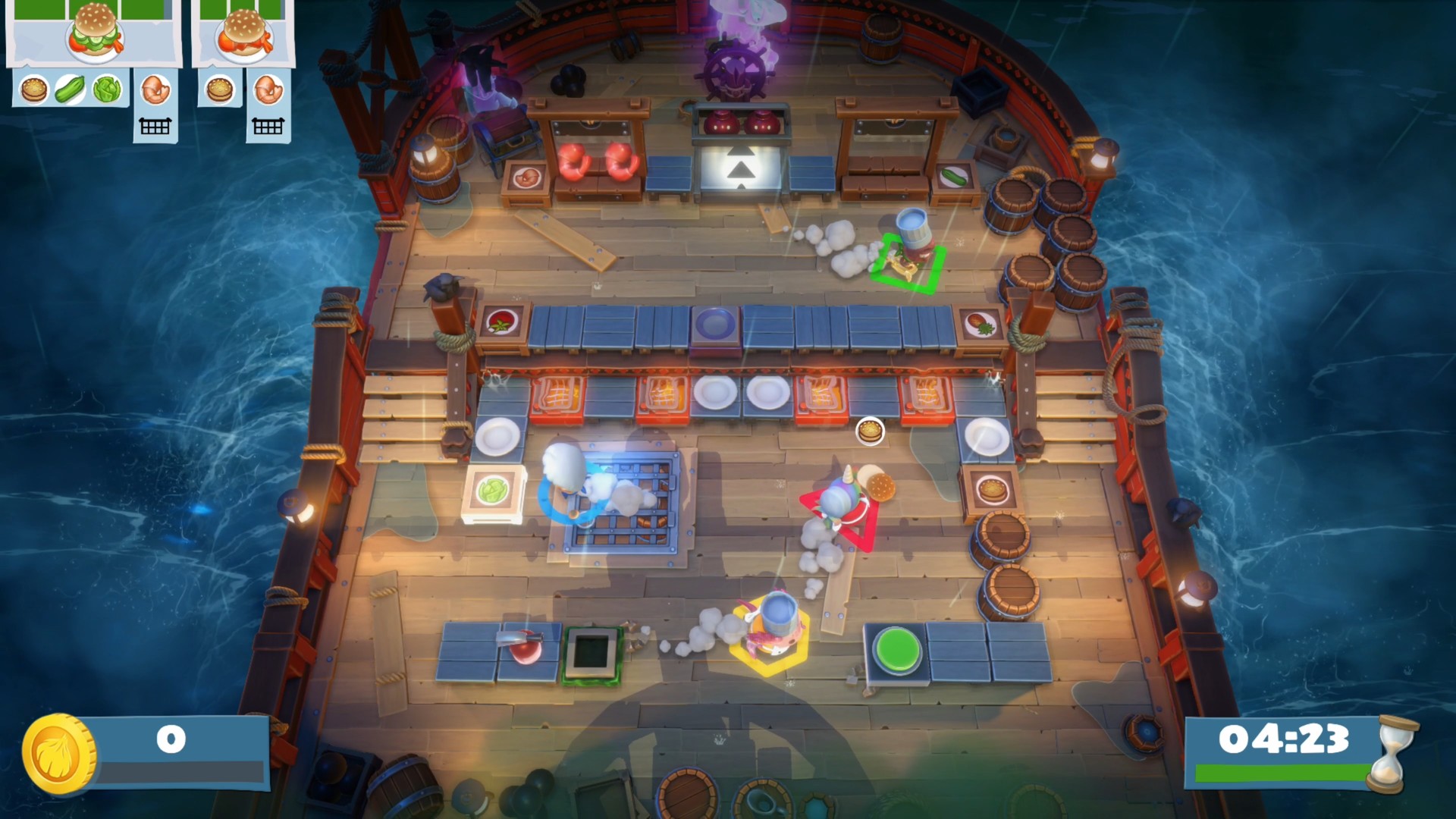 Overcooked! All You Can Eat screenshot: chefs working a kitchen on a ship in a storm, with orders stacking up