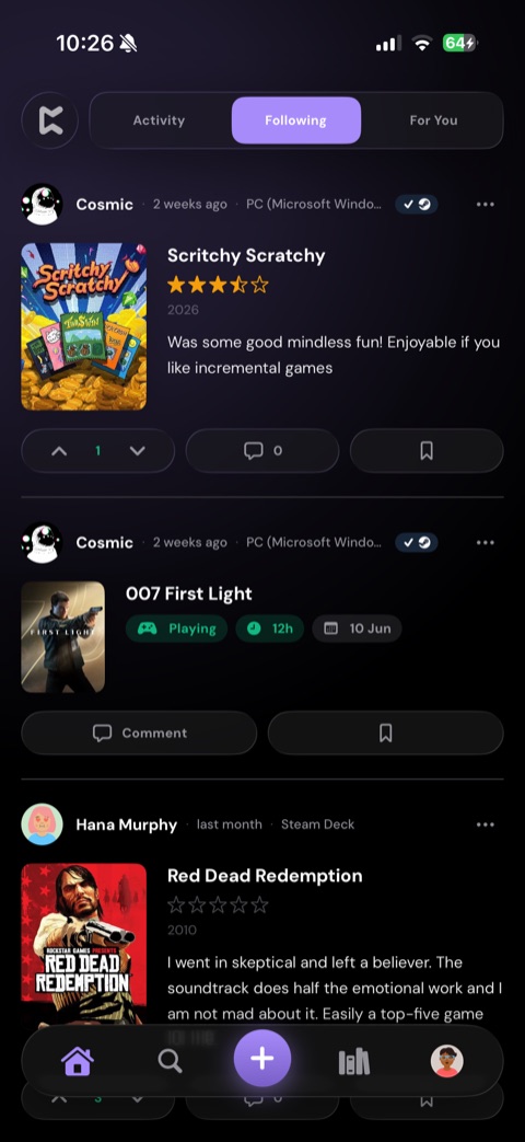 A Perthro feed showing friends' game reviews, ratings, and what they're playing.