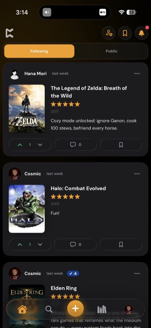 A Perthro feed showing friends' game reviews, ratings, and recent sessions.