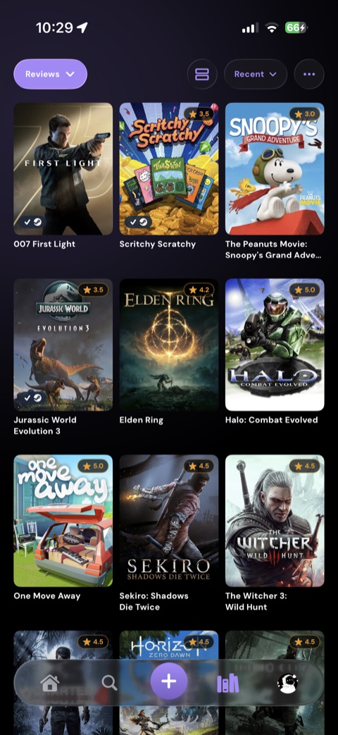 A Perthro library with a grid of game covers organized into Reviews, Backlog, Wishlist, and Lists.