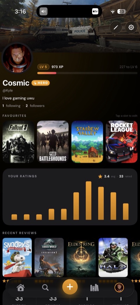 A Perthro profile screen showing level, stats, and an activity heatmap of games played.